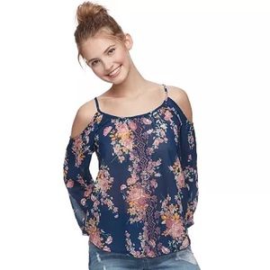 Blue Floral Embroidered Cold-Shoulder Top